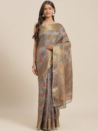 Chhabra 555 Grey Chanderi Brocade Traditional Saree with Meenakari Floral Motifs