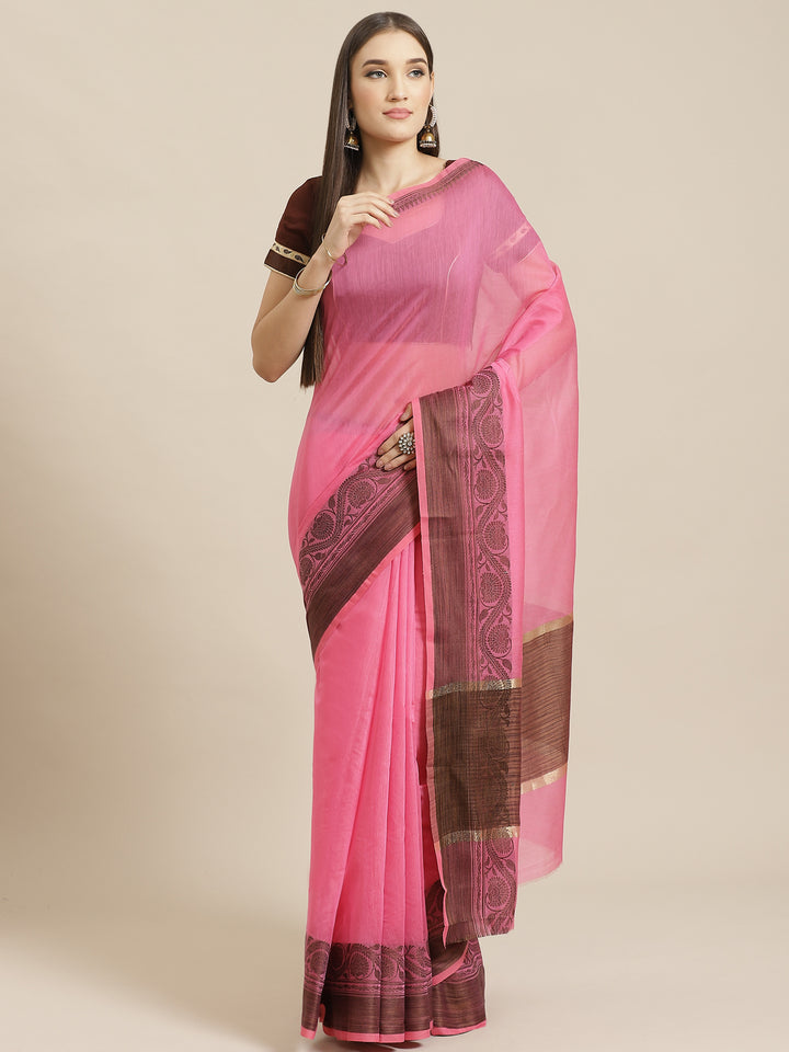 Rose Pink Banarasi Chanderi Saree with Oxidised Resham Weaving Ethnic Floral Border