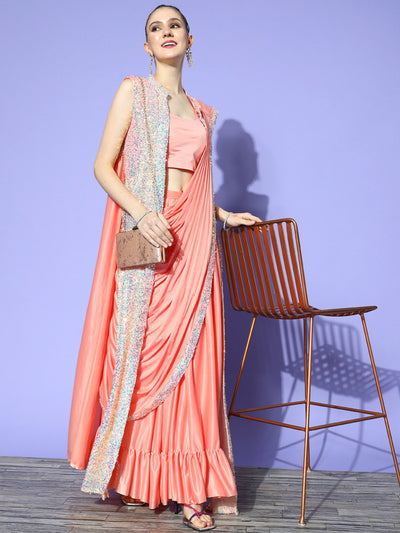 Chhabra 555 Made to Measure Draped Peach Lycra Sequence Ruffled Saree & Embellished Jacket