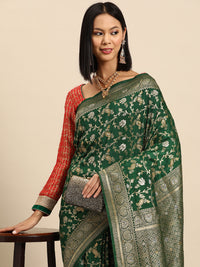 Chhabra 555 Bottle Green Floral & Paisley Zari Motifs Traditional Jute Silk Saree With Tassels 
