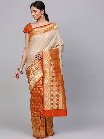 Chhabra 555 Beige orange Banarasi Handloom Silk Saree with zari woven Geometric and floral motifs