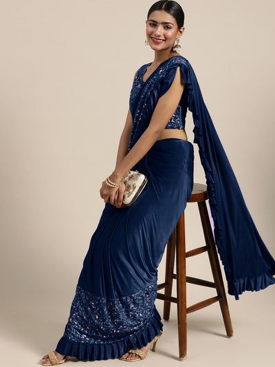 Chhabra 555 Pre-Draped Blue Ready to Wear Saree with Gold Foil print and Ruffles
