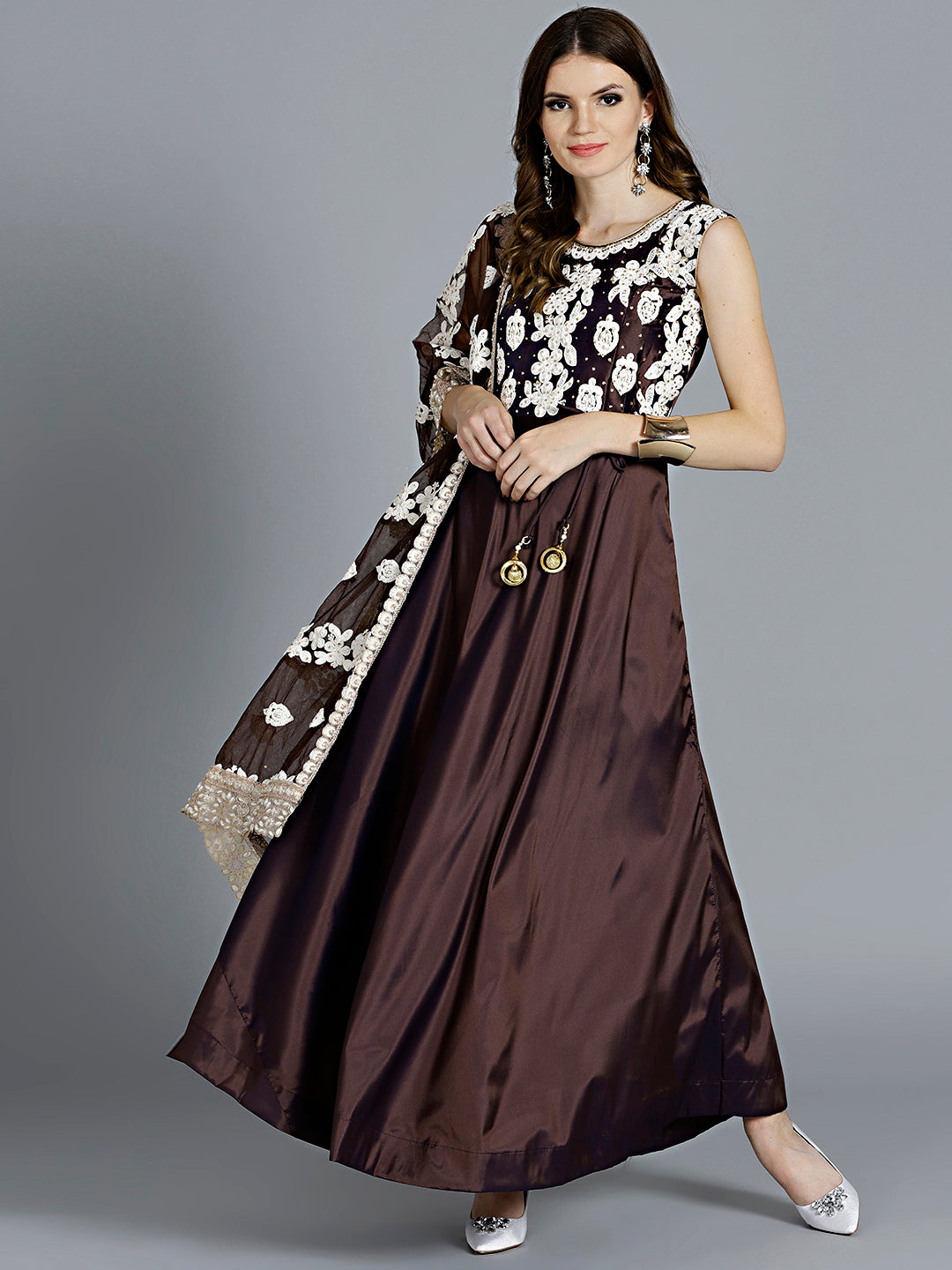 Chhabra 555 Brown Resham Embroidered Stitched Kurta Set With Broad Border Pearl studded Net Dupatta