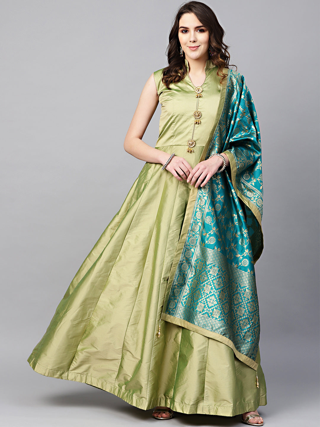 Ethnic Gowns | Long Gown Dress With Banarasi Dupatta | Freeup