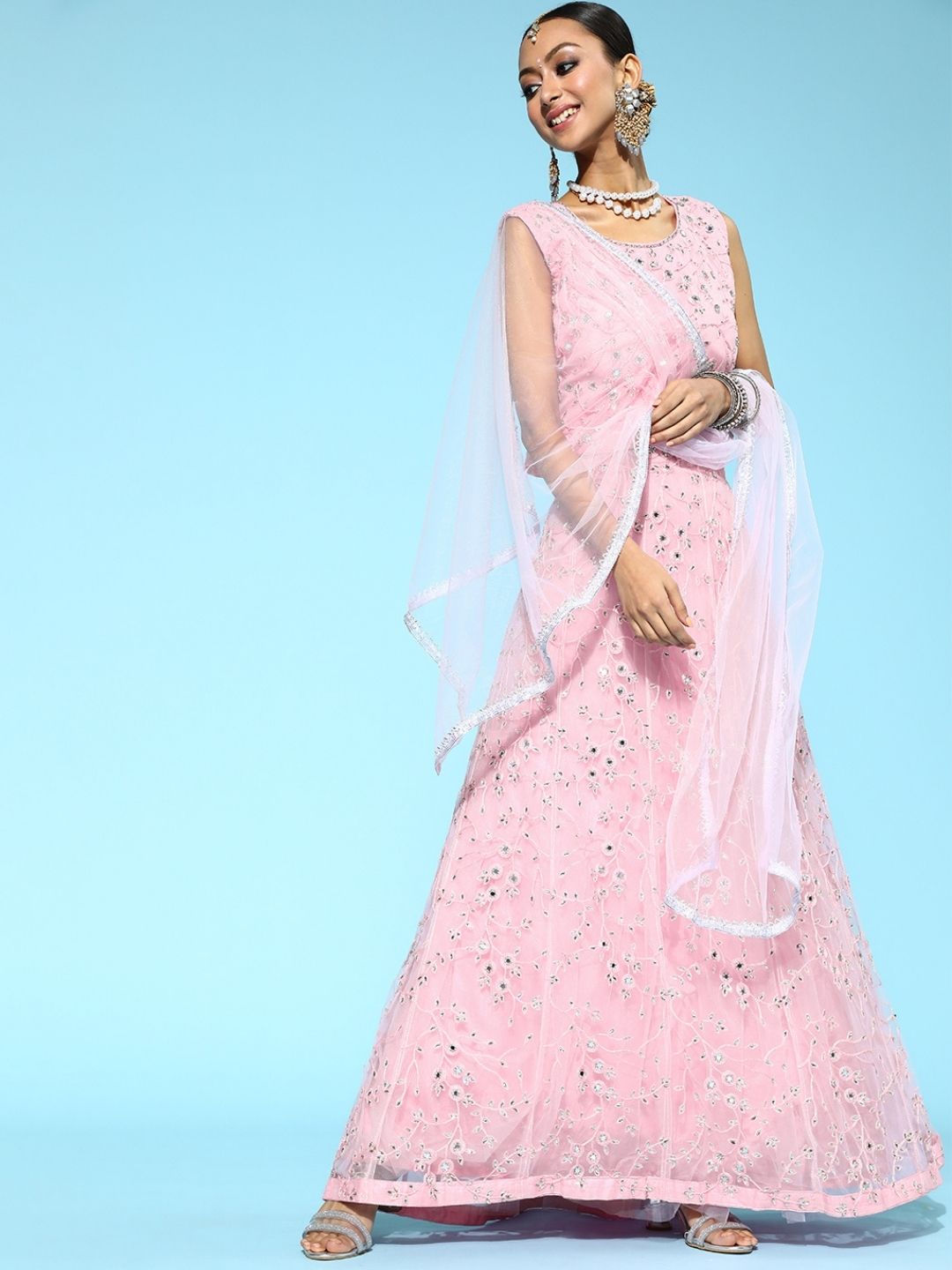 Chhabra 555 Made to Measure Kalidar Net Lehanga Set Embellished With Mirrors & Resham Embroidered