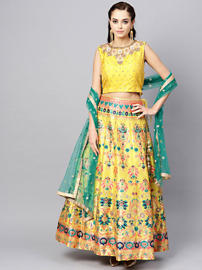 Chhabra 555 Yellow Silk Made-to-Measure Crystal Embellishments crop-top with Woven Banarasi Lehenga