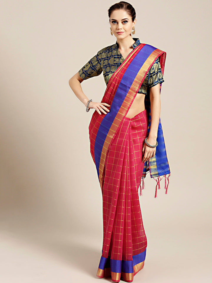 Chhabra 555 Red Banarasi Chanderi Silk Saree with Checked Gharchola weaving pattern