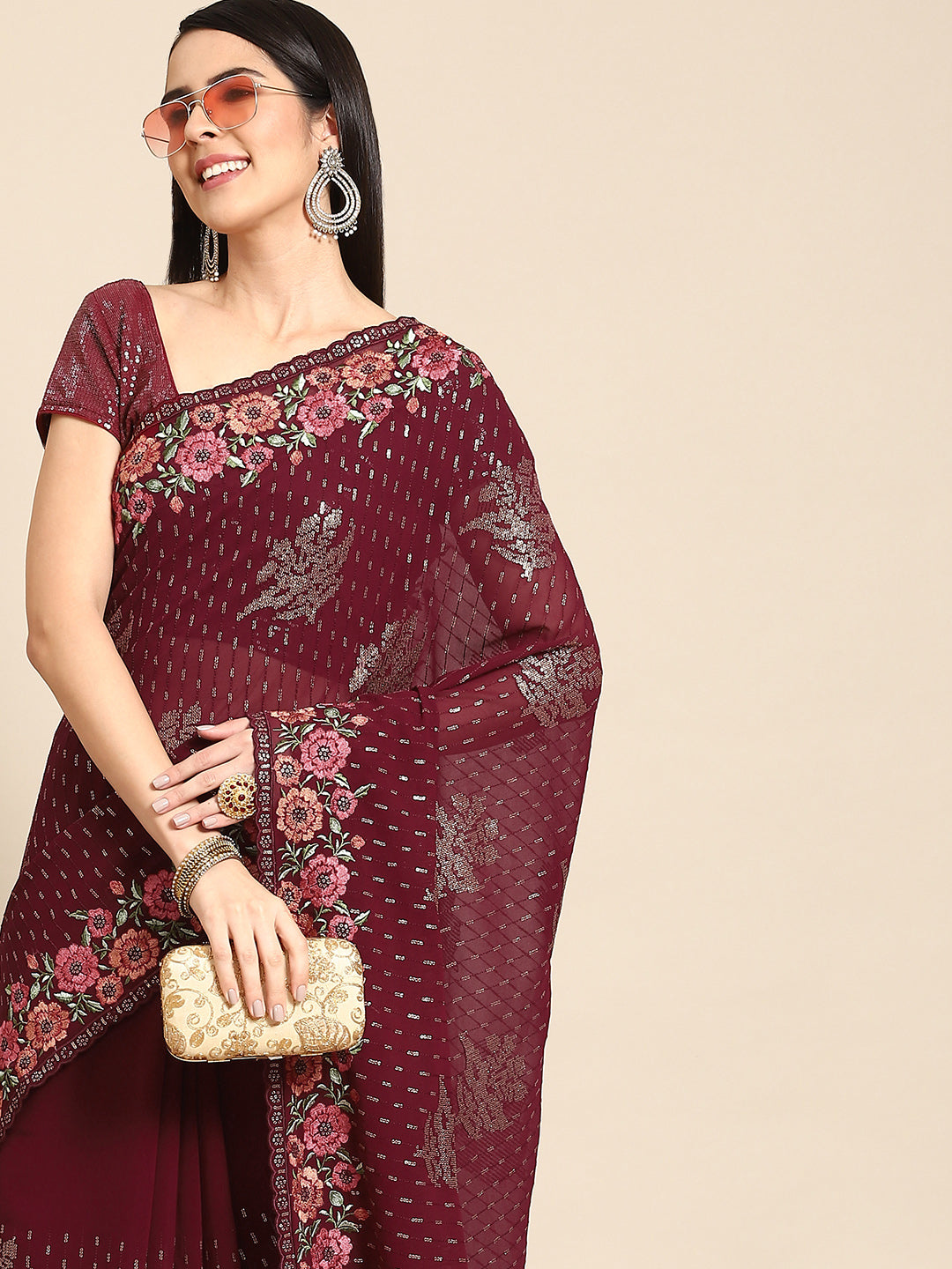 Chhabra 555 Sequin Embellished & Resham Embroidered Georgette Scalloped  Saree