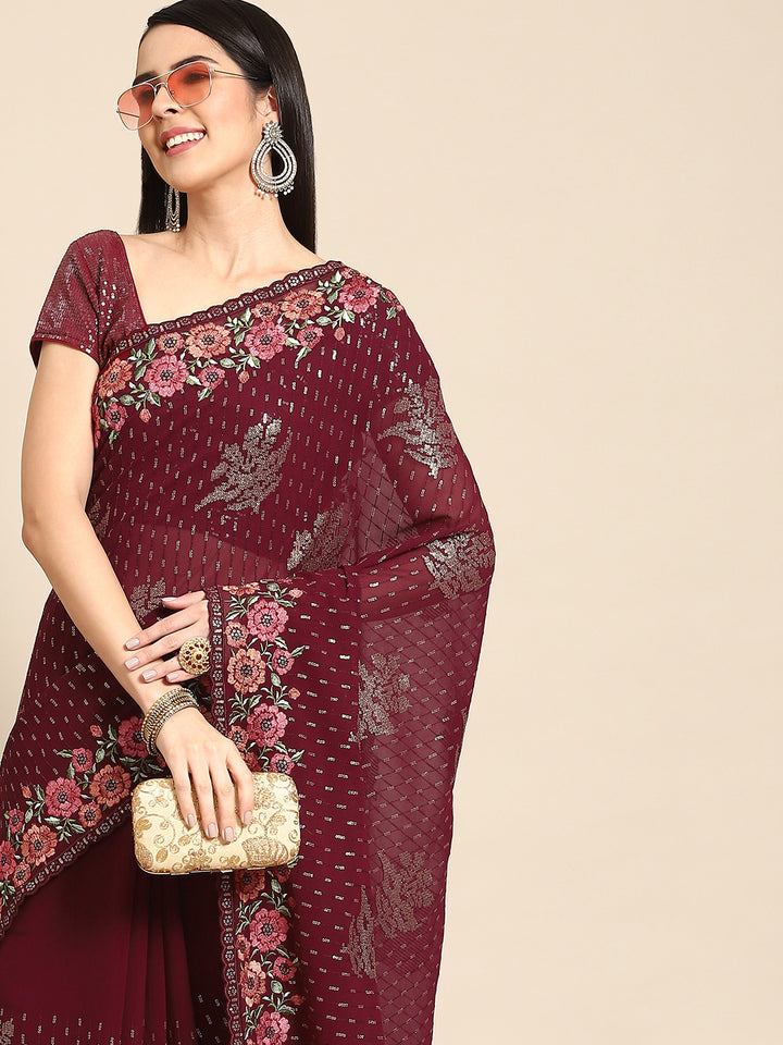 Chhabra 555 Sequin Embellished & Resham Embroidered Georgette Scalloped  Saree