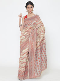 Chhabra 555 Cream Pink Cotton Silk saree with handloom weaving floral patterns and a broad border