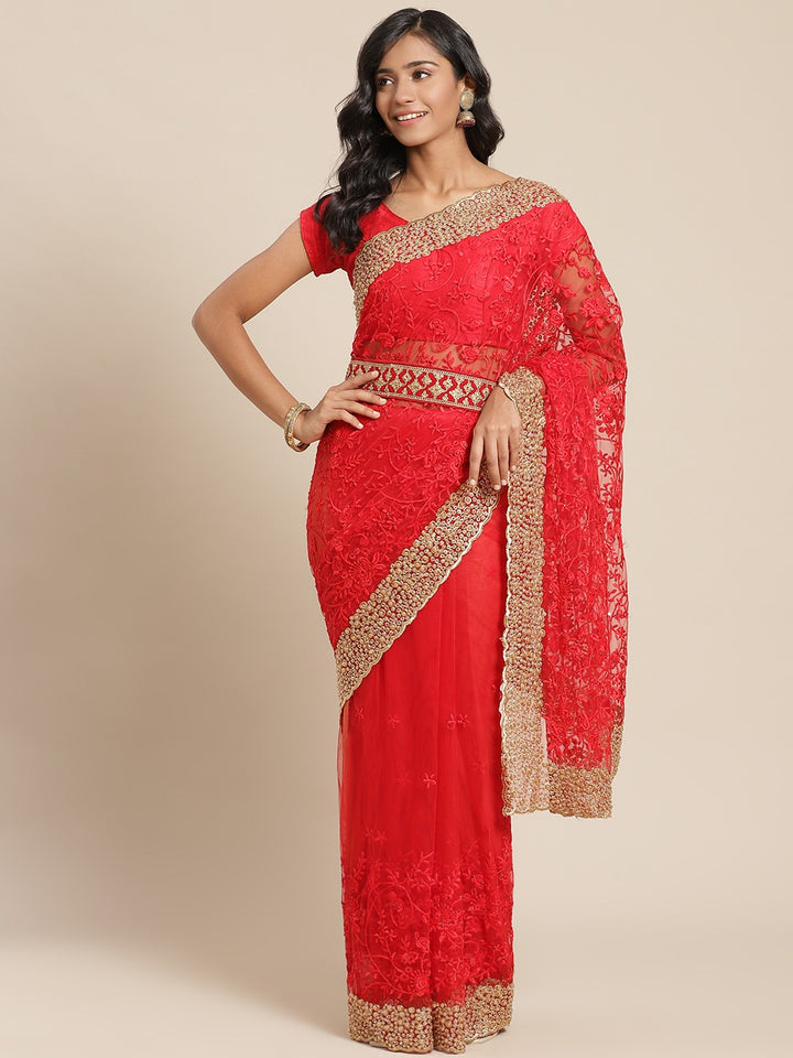 Red Net Resham Embroidered Saree With Pearls, Cut work Border & Embroidered belt