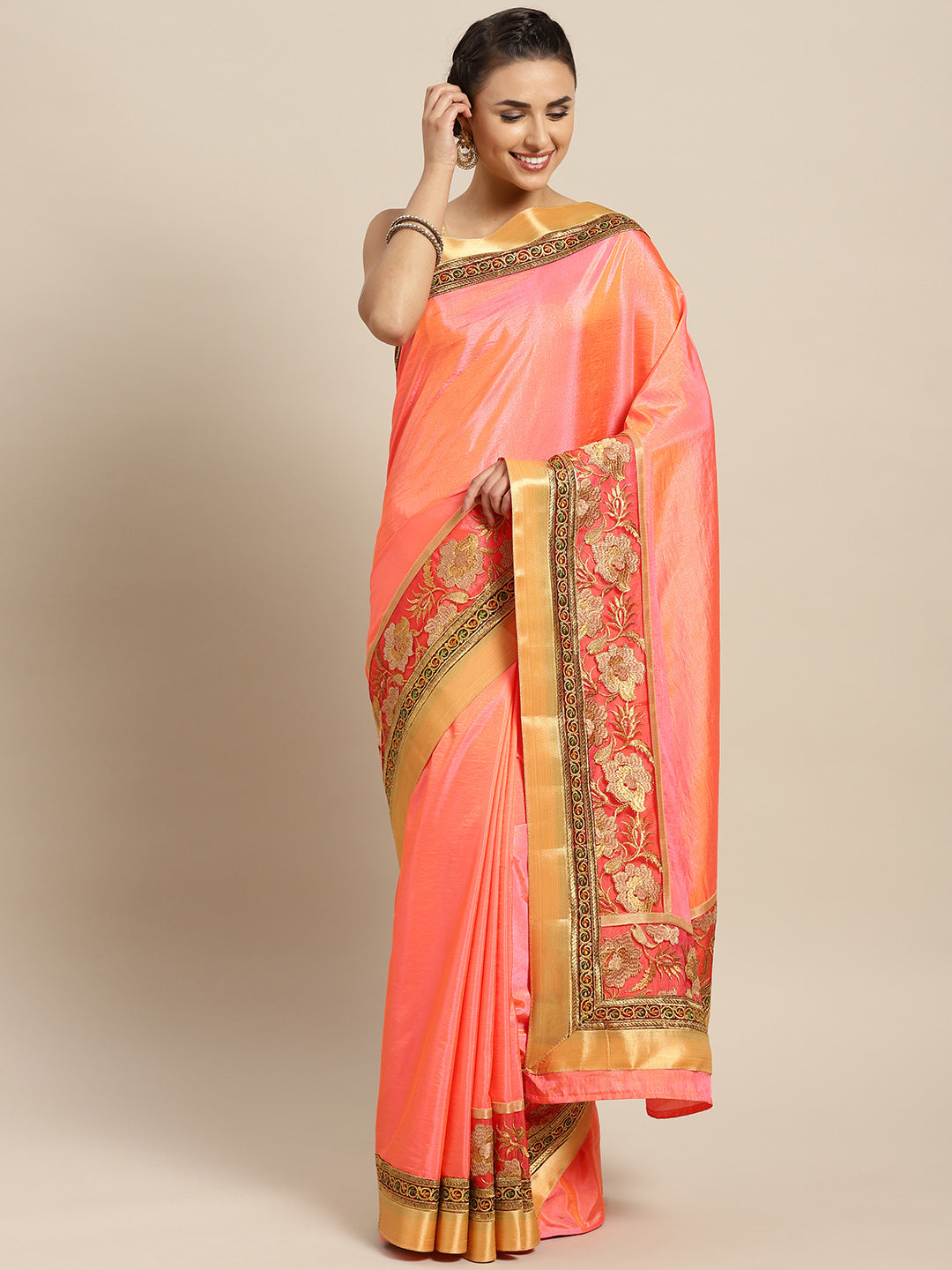 Chhabra 555 Peach Art Silk Banarasi saree with Handloom Floral Zari and Resham Embroidered