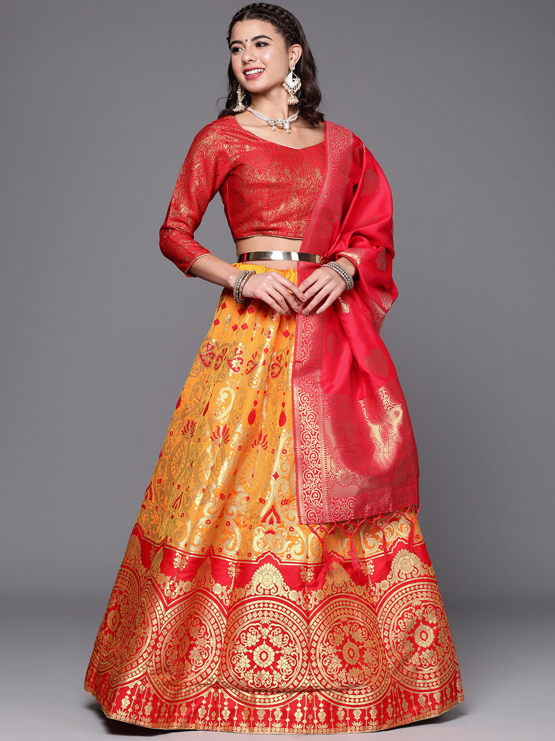 Mustard & Red Semi Stitched Banarasi Brocade Silk Lehenga Set with Zari & Resham Weaving
