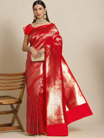 Chhabra 555 Red Golden Zari Embellished Silk Blend Banarasi Handloom Saree
