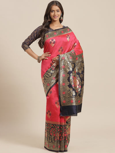 Chhabra 555 Pink Resham & Gold Zari Woven Silk Traditional Saree With Floral & Ethnic Motifs 