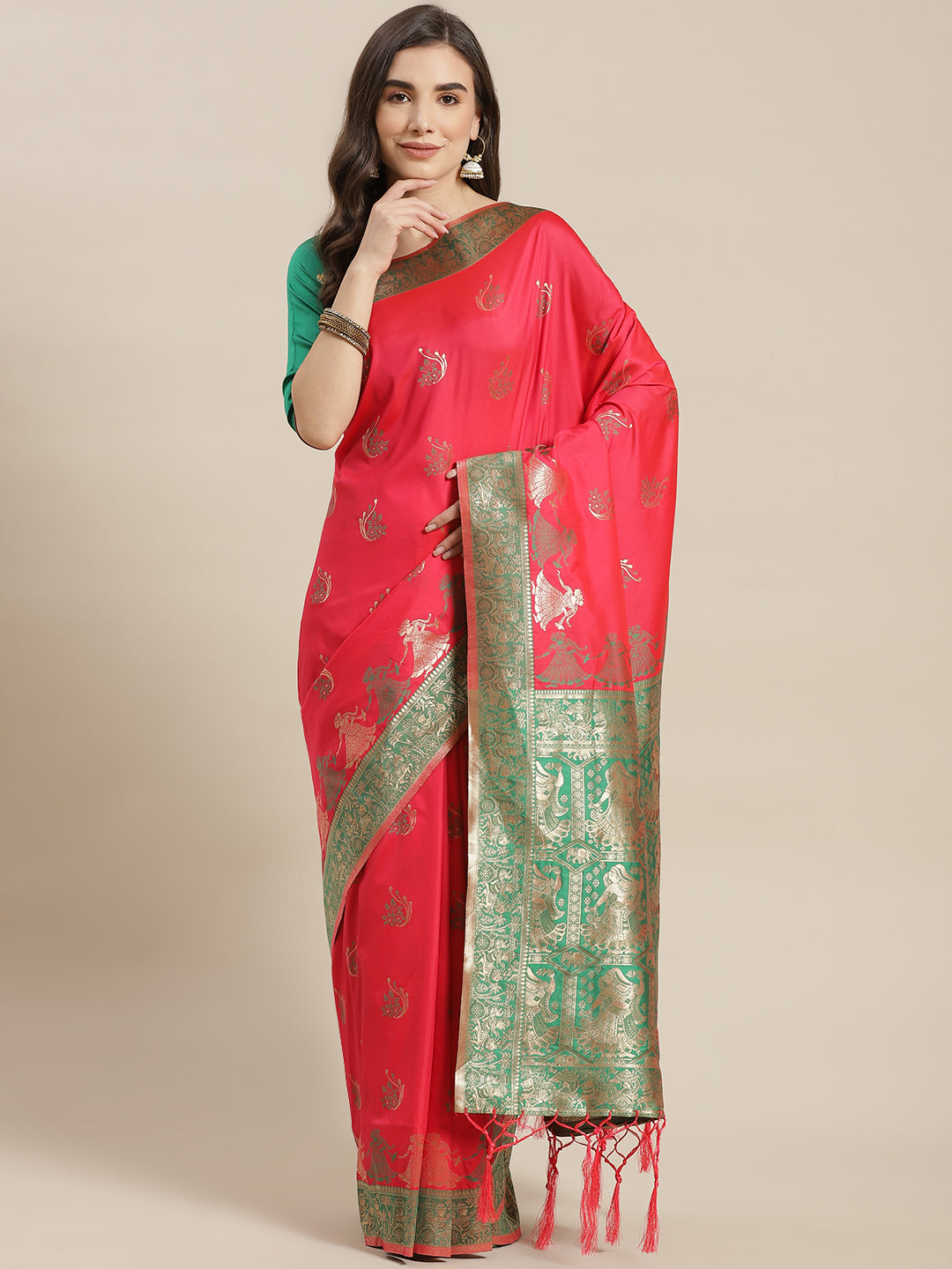 Chhabra 555 Pink Baluchari Saree with Zari & Resham woven Dancing Pictoral motifs

Color: Pink

Type: Baluchari Sarees

Pattern: Woven Design

Pattern Type: Warli

Ornamentation: Zari

Border: Woven Design

Fabric: Silk Blend

Saree length: 5.30 mtr., Width: 1.10 mtr, Blouse length: 0.80 mtr
Dry Clean Only

The CAD image gives a detailed look of the actual blouse piece that comes with this saree. The blouse used by the model in the pictures is only for styling purpose.