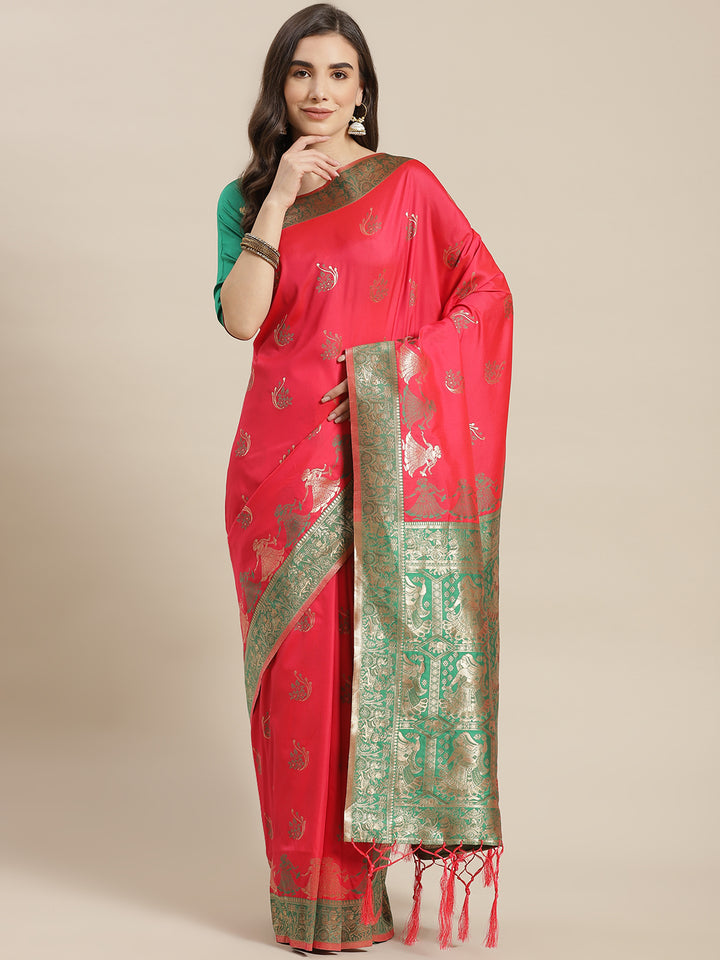 Chhabra 555 Pink Baluchari Saree with Zari & Resham woven Dancing Pictoral motifs

Color: Pink

Type: Baluchari Sarees

Pattern: Woven Design

Pattern Type: Warli

Ornamentation: Zari

Border: Woven Design

Fabric: Silk Blend

Saree length: 5.30 mtr., Width: 1.10 mtr, Blouse length: 0.80 mtr
Dry Clean Only

The CAD image gives a detailed look of the actual blouse piece that comes with this saree. The blouse used by the model in the pictures is only for styling purpose.
