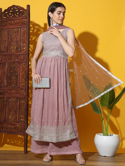 Chhabra 555 Mauve Pleated Nyraa Style Kurta Set with Zari Embroidery & Mirror Sequin Embellishments