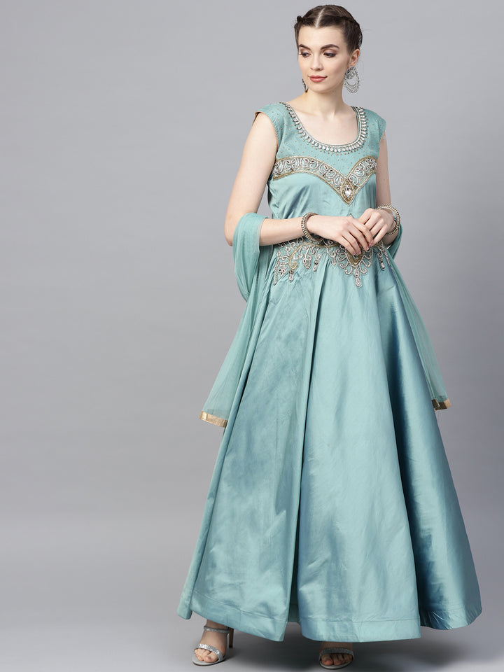 Chhabra 555 Teal Silk Made-to-Measure Kurta Set with Zari, Crystal Embroidery
