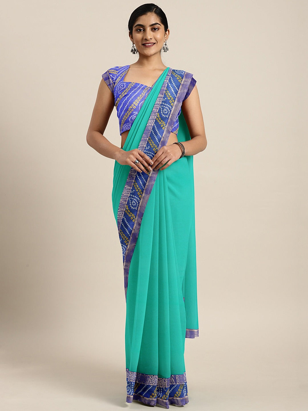Chhabra 555 Georgette Saree With Bandhej & Banarasi Woven Contrast Border & Jaipuri Bandhej Blouse
