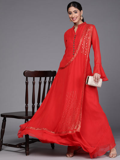 Chhabra 555 Red Crystal Embellished Georgette Pre-Draped Saree Gown With Attached Dupatta