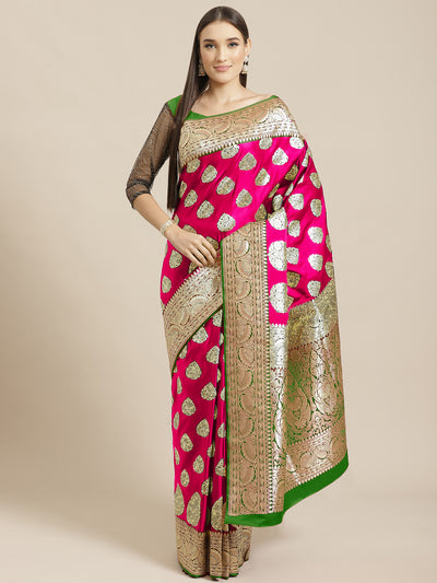 Chhabra 555 Banarasi Handloom Silk Saree with Floral Zari Weaving & Contrast Border & Pallu
