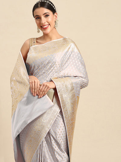 Chhabra 555 Elegant Silver Kanjeevaram Silk Traditional Saree with intricate Zari Paisley Motifs 