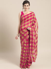 Chiffon Checked Saree with Bandhej print, Resham weaving and Gold Zari border