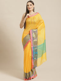 Yelllow Chanderi Silk Kota saree with Intricate Zari Weaving in a Striped Pattern