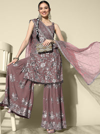 Chhabra 555 Mauve Sequence Embellished Georgette Kurta Sharara Set with Net Embroidery Dupatta, 