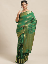 Bottle Green Kanjiwaram Dupion Silk Saree with Ethnic Weaving Buties & Border