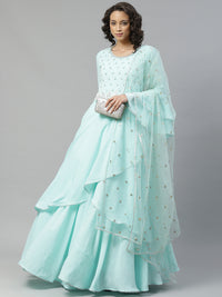 Made to Measure Turquoise Pearl Embellished Gown & Sequence Net Dupatta, Bell Sleeves