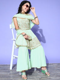 Chhabra 555 Made to Measure Pastel Green Resham & Zari Embroidered Peplum Kurta Sharara Set