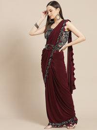 Ruffled Pre-Draped Ready to Wear Burgundy Sequin Embellished Saree with Floral Belt