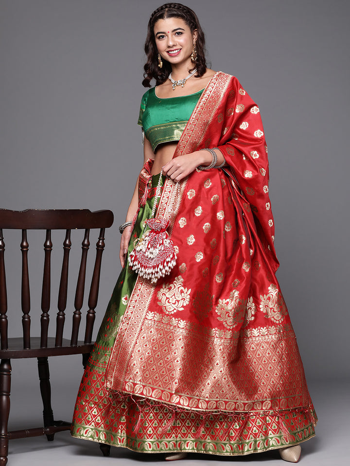 Mehndi green Semi Stitched Banarasi Brocade Silk Lehenga with Zari & Resham Weaving