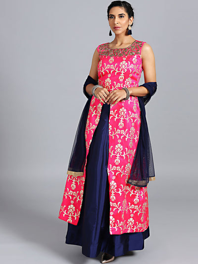 Chhabra 555 Pink & Blue Raw Silk Gotta Patti Hand Embroidered Stitched Long Jacket Lehenga With Net Dupatta 