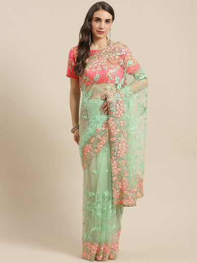 Chhabra 555 Pastel Net Zari & Resham Floral Embroidery Saree With Crystal & Scalloped Cutwork Border

Color: Sea Green

Type: NA Sarees

Pattern: Embroidered

Pattern Type: Floral

Ornamentation: Embroidered

Border: Embroidered

Fabric: Net

Saree length: 5.50 mtr., Width: 1.10 mtr, Blouse length: 0.70 mtr
Dry Clean

The CAD image gives a detailed look of the actual blouse piece that comes with this saree. The blouse used by the model in the pictures is only for styling purpose.