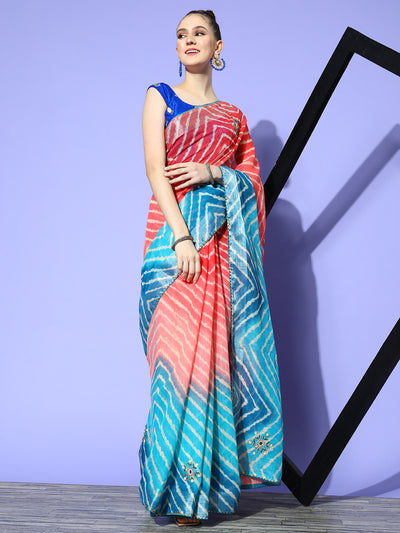 Chhabra 555 Blue Ombre Chevron Print & Floral Cutdana Embellished Saree With Gotta Lace & Tassels 