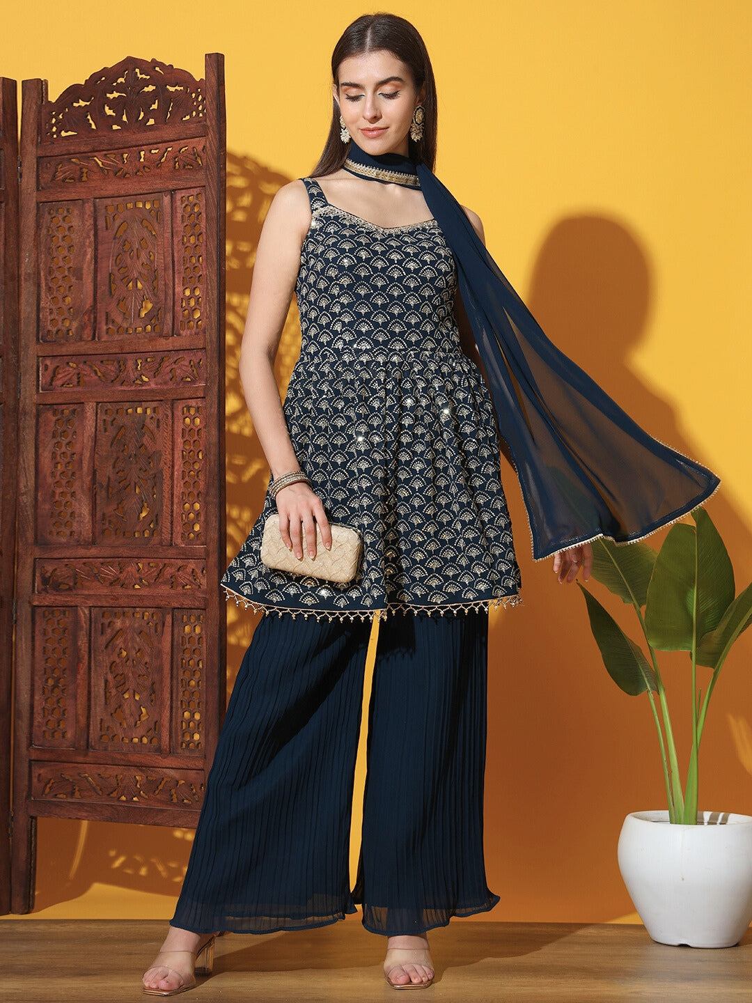 Chhabra 555 Sequin Embroidered Peplum Style Kurta Set with Pleated Pallazo & Tassled Hemline