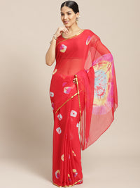 Chiffon Bandhani Saree with Gharcola pattern and Zari Gold Border