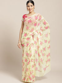 Pastel Yellow Summer Chiffon Saree with Contemporary Floral Prints and Gold Zari Border