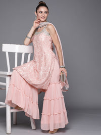 Made to Measure Pastel Resham Embroidered  Sharara Suit Set With Embellished Neckline