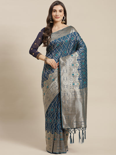 Chhabra 555 Blue Ikat pattern Banarasi Saree with Resham & Zari Weaving

Color: Blue

Type: Banarasi Sarees

Pattern: Woven Design

Pattern Type: Geometric

Ornamentation: Zari

Border: Woven Design

Fabric: Silk Blend

Saree length: 5.30 mtr., Width: 1.10 mtr, Blouse length: 0.80 mtr
Dry Clean Only

The CAD image gives a detailed look of the actual blouse piece that comes with this saree. The blouse used by the model in the pictures is only for styling purpose.