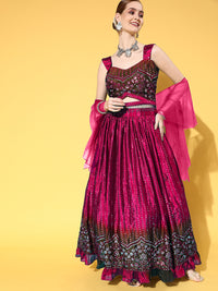 Magenta Sequin Embroidery Ombre Lehanga Set in Ruffled Chinon Crepe