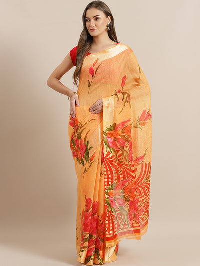 Chhabra 555 Orange Jute Cotton Silk saree with Floral Digital print and Satin Broad Border