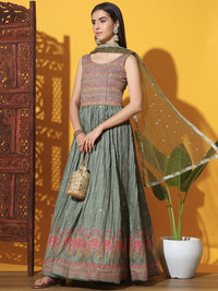 Chhabra 555 Foil Print & Crystal Embellished Anarkali Gown with Accordian Pleats & Multicolor Motifs