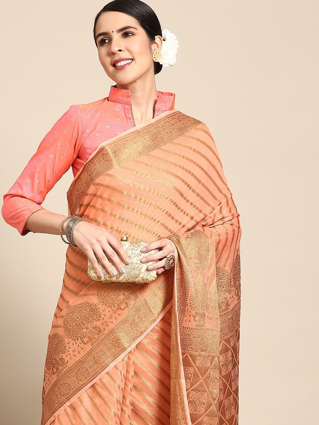 Chhabra 555 Pastel Green  Banarasi Striped Pattern Oxidised Gold Zari Woven Chanderi Saree