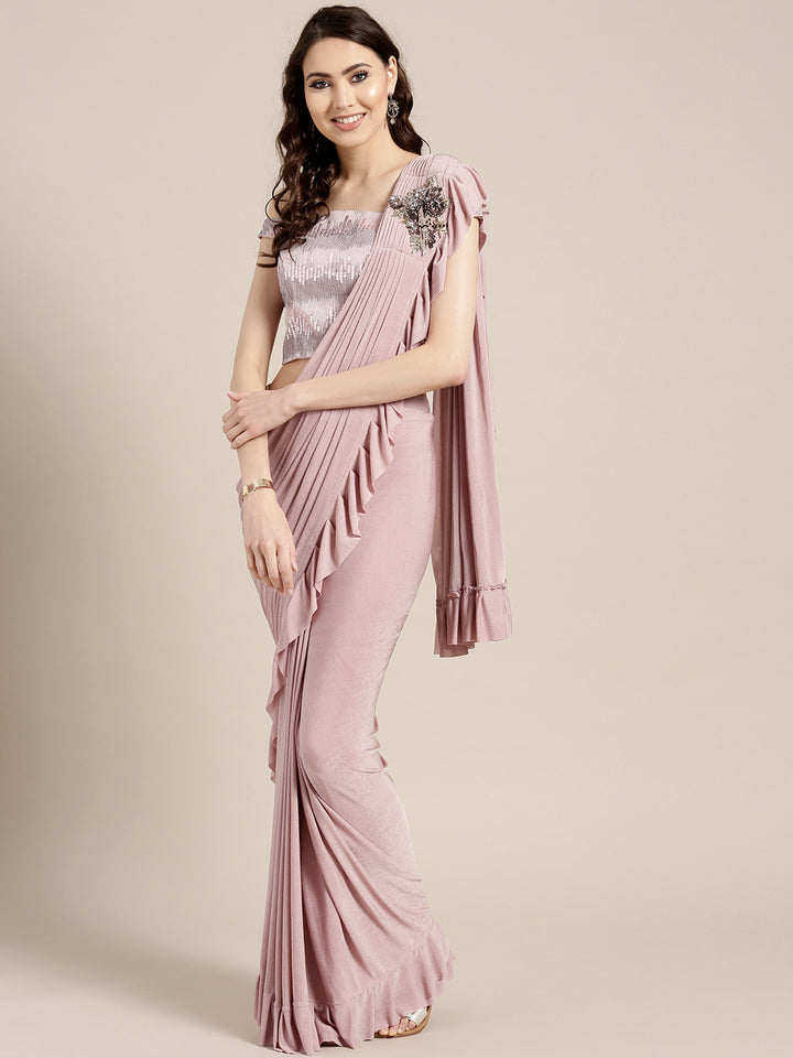 Draped Ruffled Pre-stitched Saree with Off-shoulder Sequin Embellished Blouse