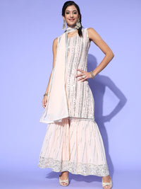 Chhabra 555 Baby Pink Sequin Embellished Georgette Kurta Sharara Set with Striped Slimming Pattern