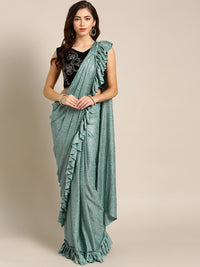 Draped Ruffled Lycra Pre-stitched Saree with Velvet Sequin Embellished Crop Top Blouse